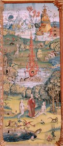 佛兰德挂毯根据 Hieronymus Bosch 创作的系列挂毯。人间乐园》（Jardín de las Delicias）。系列中的第四块挂毯。模型 灵感来自于希罗尼穆斯-博什的作品。制作地点不详，布鲁塞尔。1560 年之前。花型 作者 Hieronymus（之后）Bosch