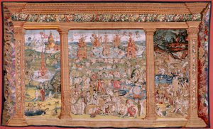 佛兰德挂毯根据 Hieronymus Bosch 创作的系列挂毯。人间乐园》（Jardín de las Delicias）。系列中的第四块挂毯。模型 灵感来自于希罗尼穆斯-博什的作品。制作地点不详，布鲁塞尔。1560 年之前。花型