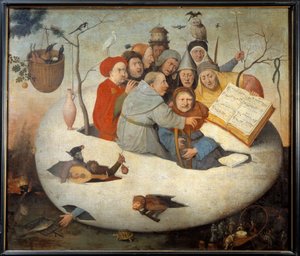 鸡蛋中的音乐会 以哲学鸡蛋为象征的炼金术讽刺。 Hieronymus Van Aeken (Aken) di Jerome Bosch (1450-1516) 15 世纪太阳之后的绘画。 1,08x1,26 m 里尔，美术博物馆。 - 鸡蛋中的音乐会。 讽刺炼金术符号