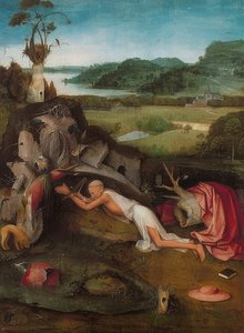 圣杰罗姆在沙漠中。约于1490年 作者 Hieronymus Bosch
