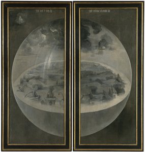 代表地球宇宙球体的世界的创造（泡泡）。 三联画的百叶窗背面“”尘世的花园“”。 Hieronymus Van Aeken (Aken) 的画作 Jerome Bosch (1450-1516)