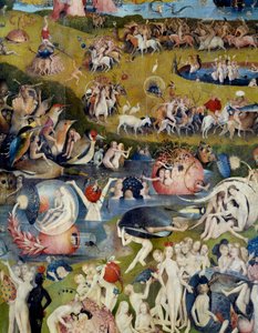 男人和女人在享受地球的乐趣。希罗尼姆-范-艾肯（Aken）-迪特-杰罗姆-博什（1450-1516）创作的《地球上的美味花园》尝试图的中央部分细节。 作者 Hieronymus Bosch