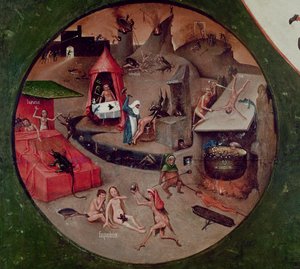 七宗罪和最后四件事的桌面，地狱的细节，约1480年（油画板）。 作者 Hieronymus Bosch