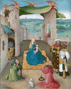 对魔法师的崇拜，c.1475（橡木上的油和金） 作者 Hieronymus Bosch