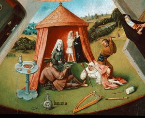 欲望。 七大罪表的细节（木头油 作者 Hieronymus Bosch