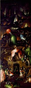 最后审判的胰蛋白酶（Das Weltgerichts-Triptychon）：代表地狱的右侧面板。 Hieronymus Van Aeken (Aken) di Jerome Bosch (1450-1516) 1504 年约太阳在木头上作画。 167.5x60 厘米维也纳，美术史学院画廊 作者 Hieronymus Bosch
