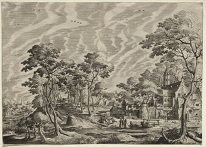 风景与右边的一个城堡，1630年。 作者 Hieronymus公鸡