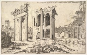 1551年，未认出的遗址的视图与左侧的travedated门面，中心的拱廊和拱门...