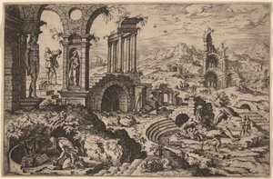 废墟景观中的圣杰罗姆 作者 在 Maerten van Heemskerck 之后的 Hieronymus Cock