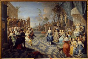 宫殿露台上的舞会，以前称为奥地利唐璜宫廷的舞会，绘画由 Hieronymus Janssens dit le Dancer (1624-1693) (ec.flam.) 1658 Sun。 1,14x1,7m 里尔，Musee des Beaux Arts