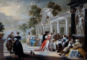 在公园里玩的佛兰德贵族的热手游戏。 Hieronymus Janssens dit le Dancer (1624-1693) 17 世纪太阳的绘画。 0,58x0,83 米