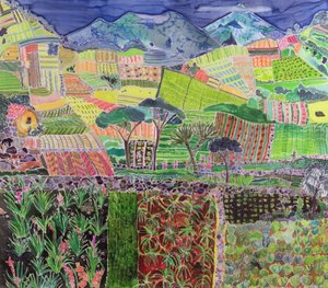 重新审视卷心菜和百合花，危地马拉，2006年（丝绸上的染料）。