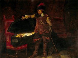 克伦威尔在查尔斯一世斯图亚特 (1649) 的棺材前。 奥利弗·克伦威尔（Oliver Cromwell，1599-1658）强加审判英格兰国王，他于 2 月 9 日被判刑