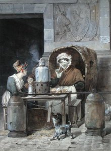 咖啡卖家在Porte Saint-Denis的角落，1830年（纸上的wc） 作者 希波利特·亚当