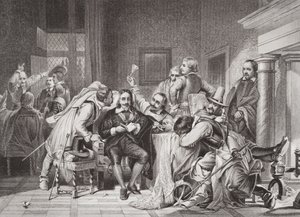查理一世（1600-49）在警卫室被奥利弗克伦威尔的士兵侮辱，来自“英国和苏格兰历史插图”第一卷 作者 希波吕特·德拉罗什（Hippolyte Delaroche）