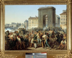圣丹尼斯门之战 1830 年 7 月 28 日 1830 年或 Trois Glorieuses 革命期间的巴黎起义。 Hippolyte Lecomte (1781-1857) 的绘画。 1830.昏暗。 0,43 x 0,60 米。 巴黎，卡纳瓦莱博物馆 - 1830 年 7 月 28 日在圣丹尼斯门的战斗