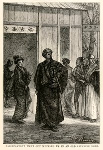 Passepartout穿着一件古老的日本长袍，在Jules Verne（1828-1905）的八十天环游世界中黯然失色，1873年由Louis Prevost镌刻