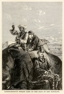 Passepartouts在大象的背上感到不安，来自Jules Verne（1828-1905）的八十天环游世界，由AdolpheFrançoisPannemaker（1822-1900）1873年吸收