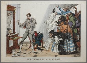 元旦的来客 -（一群债权人挥舞着前一年的奢侈账单穿过年轻人的公寓门。1814 年 12 月手绘彩色雕刻） - 元旦的来客 pa 作者 伊波利特 Pochon