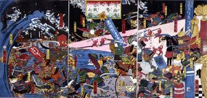 模仿战斗场景，描绘蔬菜和鱼的战斗