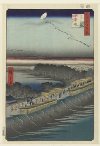 吉原附近的日本堤坝景观
吉原日本堤（物件上的标题）
江户百名相（系列标题）
名所江户百景（文物上的系列名称） 作者 歌川广重 (I)