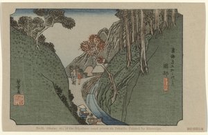 冈部
第 22 号冈部：东海道五十三个著名景点之一，由广重绘制（物品上的标题）
De Tôkaidô van Hiroshige（系列标题）
Hiroshige no fude Tôkaidô（物品上的系列标题） 作者 藤泽文治郎