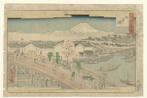 日本桥（物品上的标题）
江户名胜（系列标题）
江户名所（物品上的系列名称） 作者 辻冈屋文助