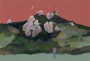 背着背包在山中旅行的男子，2015 年（纸上水粉画）