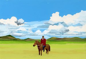 蒙古草原和骑马的人们，2015（纸上水粉） 作者 井筒宏之