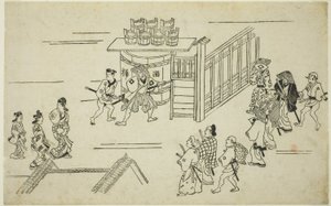前往上谷町的入口，出自 te Serie 的“吉原的 Tee Apperanse (Yoshiwara no Tei)”，c。 1681-84（奥德博克版画；Sumizurie、Oban） 作者 菱川师信