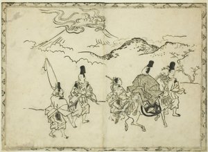 成平的东方之旅，选自绘本 "屏风和挂轴上的绘画全景（Byobu kakemono ekagami）"。 作者 菱川师信