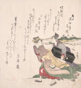 艺伎女孩与携带三味线盒的女仆匆匆而行。