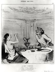 古代历史：Anacreon之死，用漫画说明Jacques-Benigne（雅克-贝尼涅）Bossuet（1627-1704）的坏作品节选。"在奶酪和梨子之间，这位爱的歌手在酒后画了一幅画，当一个不幸的Pepei 作者 奥诺雷·杜米埃