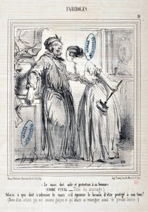 Artwork by Honore Daumier (1808-1879) Charivari: Serie FARIBOLES Le mari doit aide et protection a sa femme (Civil Code - Title du mariage) “” -But who must address the husband if he feels the need to be protected in turn? (Note by an artist who is still a 作者 奥诺雷·杜米埃