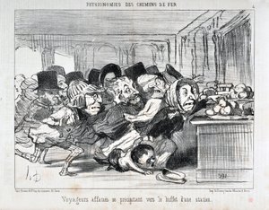 奥诺尔-杜米埃(1808-1879)的作品：1852年的《查理报》："菲尔链 "系列 饥饿的旅行者冲向车站的自助餐 博物馆-龙尚宫，马赛 作者 奥诺雷·杜米埃