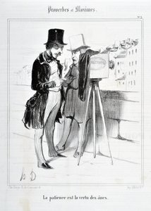 奥诺雷·杜米埃 (1808-1879) 的作品。 Charivari 的历史可追溯至 1840 年：意甲箴言 ET MAXIMES “耐心是驴的美德” “MUSEE DES BEAUX ARTS - PALAIS LONGCHAMP，马赛 作者 奥诺雷·杜米埃