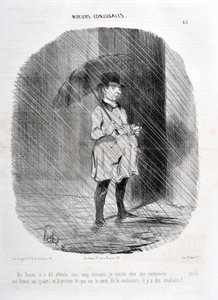 霍诺尔-杜米埃（1808-1879）的作品。Charivari》可追溯到1842年。MORES CONJUALES系列 "我的妻子告诉我，等我五分钟，我在一小时前去我的Couturiere，门上说，在Couturiere的广场上有学生!" 作者 奥诺雷·杜米埃
