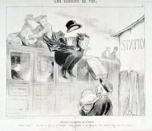 霍诺尔-杜米埃（1808-1879）的作品。Charivari》可以追溯到1843年。LES Chemins de fer系列 三十秒站 "-Tiens Joseph! vla everything I have to send you... three packages and a traveler - Above all care of the packages" MUSEE DES BEAUX ART 作者 奥诺雷·杜米埃