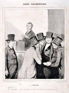 霍诺尔-杜米埃（1808-1879）的作品。Charivari》是1843年的作品。议会场景系列。选举 "游泳！！！"。"啊，我的朋友们，我的好朋友们，今晚是我生命中最重要的一天！"马赛隆尚宫美术博物馆，马赛 作者 奥诺雷·杜米埃