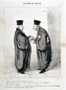 霍诺尔-杜米埃（1808-1879）的作品。Charivari》可追溯到1845年。LES PEOPLES DE JUSTICE"--正如我真实地告诉你的事实!我们是美丽的。我们很美！......真的只有在宫里，我们才知道争论和谈论的方式。 作者 奥诺雷·杜米埃