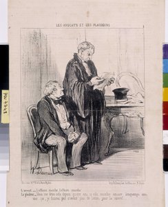 霍诺尔-杜米埃（1808-1879）的作品。Charivari》可追溯到1851年。LES Avocats et les litigants系列。"律师--案件成功了，案件成功了!诉讼律师--你已经跟我说了四年了，如果她还能走这么久的话，我最后会有M 作者 奥诺雷·杜米埃