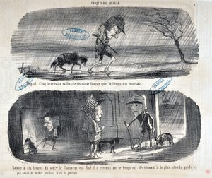 霍诺尔-道米埃（1808-1879）的作品《查理周刊》可以追溯到1853年。Serie Sketches de Chasse "Depart Five heures du matin, - le chasseur finds that the weather is uncertain" "Back to six o