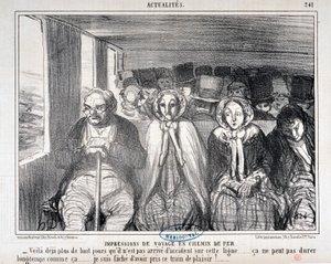 Honore Daumier (1808-1879)的艺术作品《Charivari》可以追溯到1855年。铁路旅行实况》："这条线路上已经有八天没有发生事故了......这样的情况不会持续太久......我很抱歉乘坐这列火车 作者 奥诺雷·杜米埃