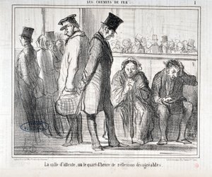霍诺尔-杜米埃（1808-1879）的作品。Charivari》可追溯到1855年。LES Chemins de fer系列 "候车室或令人不快的反思的一刻钟 "MusEE DES BEAUX ARTS - PALAIS LONGCHAMP, MARSEILLE 作者 奥诺雷·杜米埃