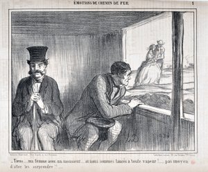 Honore Daumier (1808-1879)的艺术作品《Charivari》可追溯到1858年：《火车上的情绪》系列--"Tiens...ma femme avec un monsieur...et nous sommes lances a toute vapeur！...no way to go surprise them！..."美术馆--龙尚宫，三月 作者 奥诺雷·杜米埃