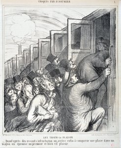 霍诺尔-杜米埃（1808-1879）的作品。Charivari》是1864年的作品。连环画《快乐的火车》--当我们经过十次不成功的进攻后，终于能在马车上征服一个地方时，我们会体验到第一次非常生动的快乐。 作者 奥诺雷·杜米埃