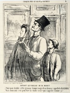Honore Daumier (1808-1879)的作品Charivari可以追溯到1865年。Serie CRUQUIS PAUIT AU SALON Devant un tableau by Manet "-Why diable cette grosse femme rouge et en chemise s