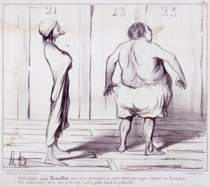 关于出场的动画片。沐浴者 "系列。告诉爸爸Drouillet......"Honore DAUMIER (1808-1879)的版画。摘自报纸 "Le Charivari"。箱子12 马赛，隆尚宫美术博物馆，收藏的《艺术画报》。 作者 奥诺雷·杜米埃