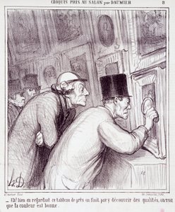 Cartoon about art lovers. Series “” Sketch taken at the Salon by Daumier”: “” Eh! well looking at this painting, we end up discovering quality, we see that the color is good””. Engraving by Honore DAUMIER (1808-1879). Extract from the newspaper “” Le Chari 作者 奥诺雷·杜米埃