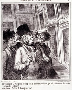 Cartoon about art lovers. Series “” Sketch taken at the Salon by Daumier “”: “” Visitor: Oh! for the coup here is a really insensee composition (...). Artist: Bourgeois cretin, go! “” Engraving by Honore DAUMIER (1808-1879). Extract from the newspaper “” L 作者 奥诺雷·杜米埃